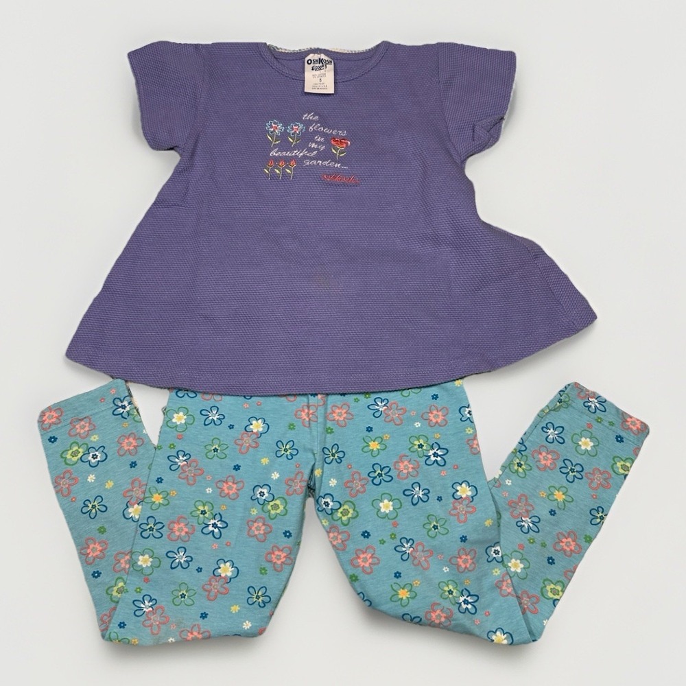 Vintage OshKosh Bgosh Leggings & Shirt SET Sz 5/6 "Flowers in Garden" READ